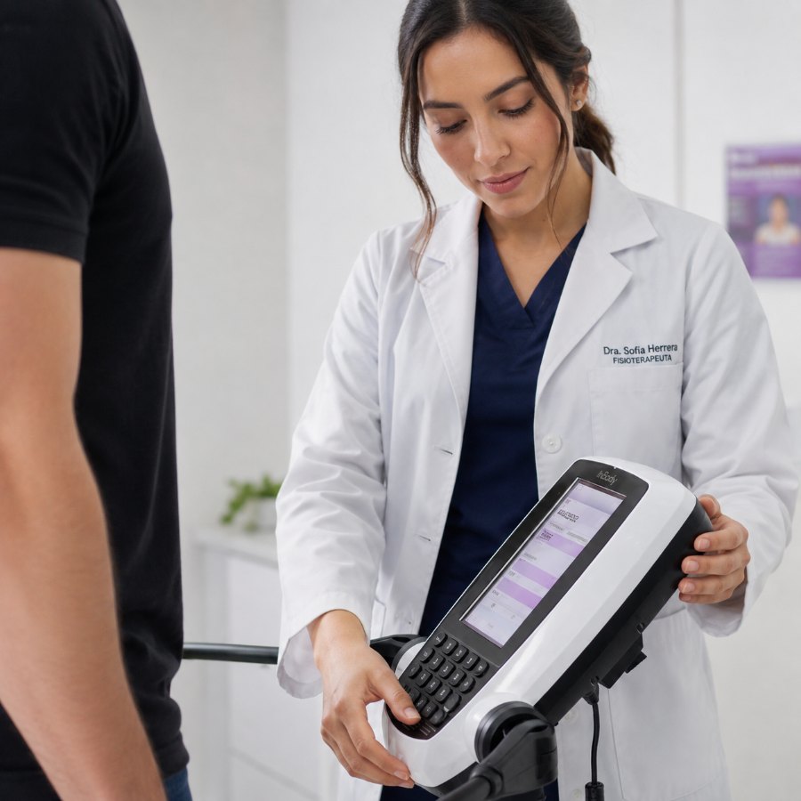 A clinician running a BIA body-composition scan